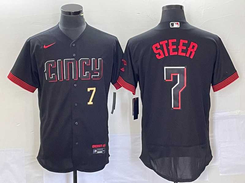 Mens Cincinnati Reds Spencer Steer Number Black 2023 City Connect Flex Base Stitched Jersey2